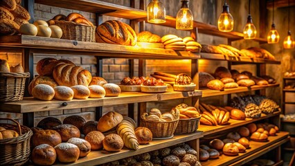 Warm Vintage Bakery Display: Delicious Bread & Pastries at Night