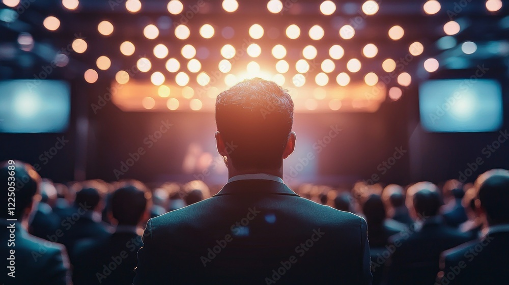 Poster a crowd of blurred business people gathers in a conference hall under vibrant lights, immersed in di