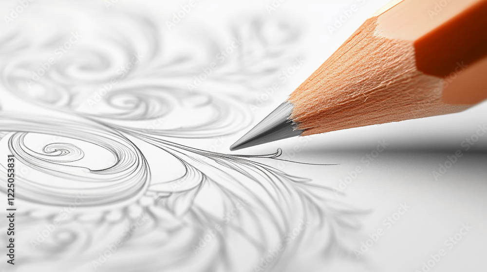 Poster close-up of a sharpened pencil drawing intricate swirling patterns on white paper, symbolizing preci