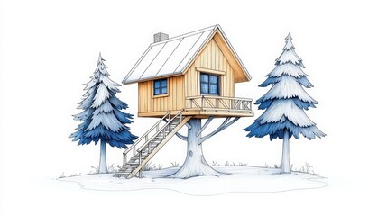 Charming Treehouse in Winter Wonderland with Snow-Covered Trees and Cozy Design Elements