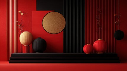 Minimalist Lunar New Year graphic design, clean red and gold motifs highlighting lanterns and zodiac animals in sharp contrast