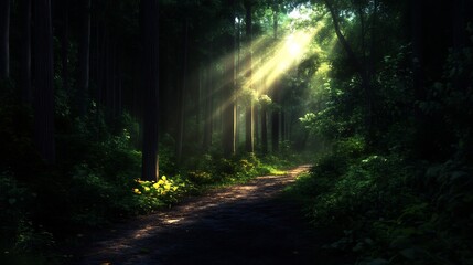 Obraz premium Sunbeams Illuminating a Forest Path
