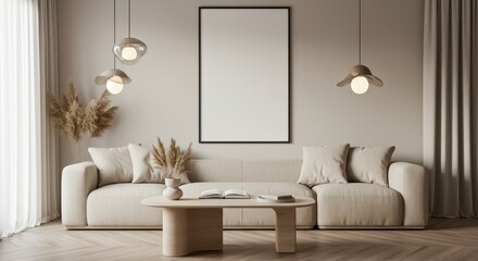 A minimalist living room with a soft beige modular sofa styled with round pillows and a large black-framed blank poster hangs on the wall