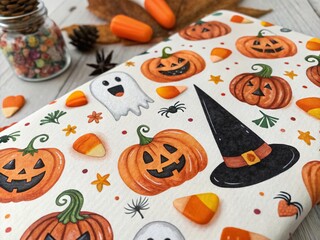 Fototapeta premium Watercolor Halloween Candy Pattern: Pumpkins, Ghosts, Mushrooms & Spikes