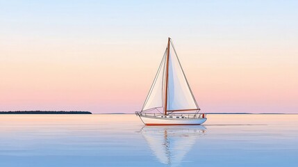 Naklejka premium Tranquil Sailboat on Serene Waters at Sunset with Soft Pastel Sky and Calm Reflection