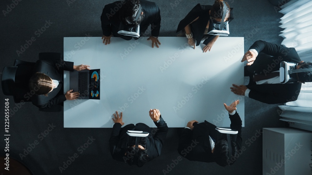 Poster top down aerial view of professional business team wear vr headset to enter virtual world while sitt
