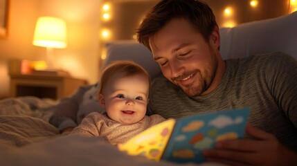Father reading a bedtime story to baby in warm, cozy bedroom at night