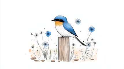 Obraz premium Colorful Bird Illustration Sitting on a Wooden Post Surrounded by Delicate Flowers and Grass