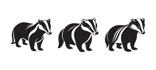set of badger silhouette, black and white silhouette, vector and illustration