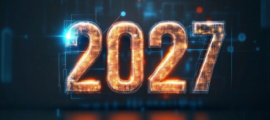Futuristic Glowing Digital Number 2027 On Abstract Technology Background, 3D Illustration