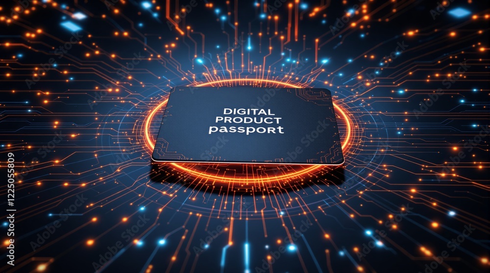 Poster digital product passport image with glowing orange and blue circuitry on dark background. conceptual