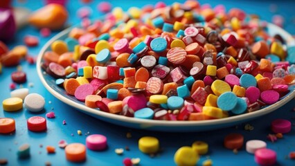 A white plate is centered on a light blue table with colorful assorted candies and sprinkles scattered both on the plate and around it.