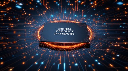 Digital product passport image with glowing orange and blue circuitry on dark background. Conceptualizes digitalization and technology. Ai generative