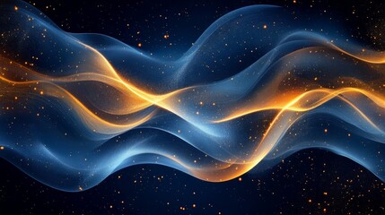 Radiant abstract background with flowing blue and gold light curves, minimalist premium design 