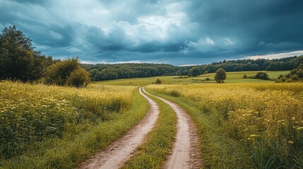 Fototapeta premium Country road winds through a field of wildflowers under a dramatic sky. Perfect for travel, nature, or freedom themes.