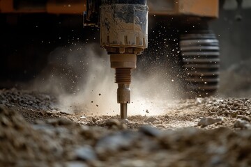 Rock Drilling Machine in Action with Dust Clouds