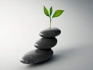 Obraz premium Three dark grey pebbles stacked vertically with a small green plant on top, isolated on white