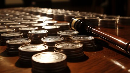 Obraz premium Gavel and Coins on Table in a Legal or Financial Context