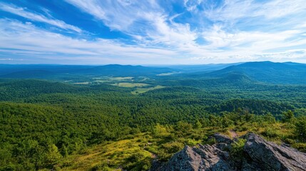 Naklejka premium Expansive view from mountain peak lush valleys and winding trails gigapixel landscape photography scenic overview nature's grandeur