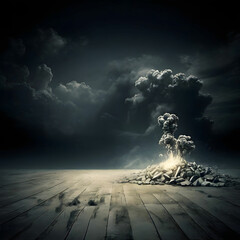 A black cloud and thunderstorm fall on the mountain peak.