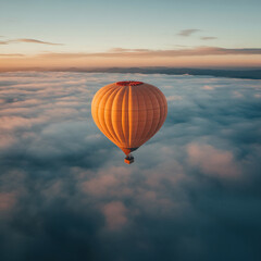 Obraz premium Hot air balloon floating over a sea of clouds during a serene sunrise, symbolizing adventure, exploration, and freedom with a tranquil and dreamy atmosphere.