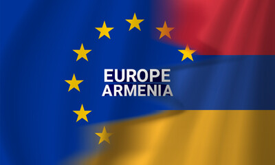 Vector wavy flowing flags of European Union and Republic of Armenia. Political banner. Relations between countries. Europe and Caucasus. Friendly agreement.