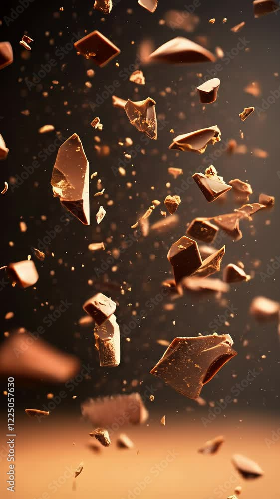 Poster delicious milk chocolate chunks and crumbs levitating and rotating against a blurred brown backgroun