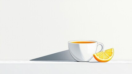 Fototapeta premium Fresh Lemon Slice Next to a White Cup of Hot Beverage on a Minimalist Background