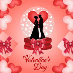 A red snow globe with a kissing couple inside symbolizes romance and cherished memories Scattered red and pink hearts represent love while twowrapped gifts highlight the traditionof givingValentineday