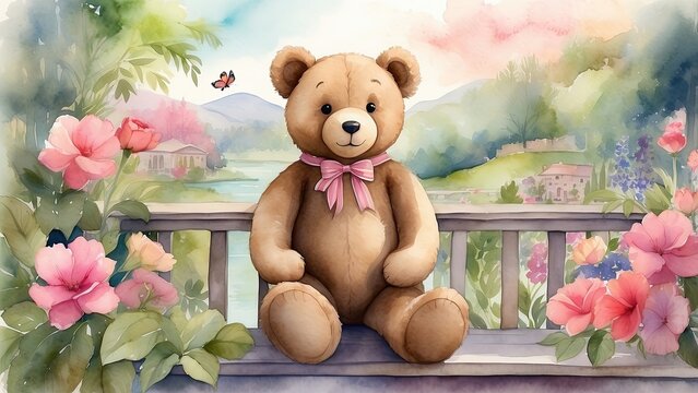 A plush teddy bear with a brown body, dark nose