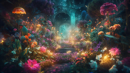 Obraz premium Enchanted Garden Path Magical Flowers Fantasy Art Vibrant Colors Luminous Night Scene Digital 