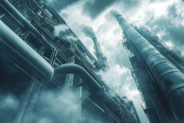 Steam Rising Above a Refinery Under Stormy Skies