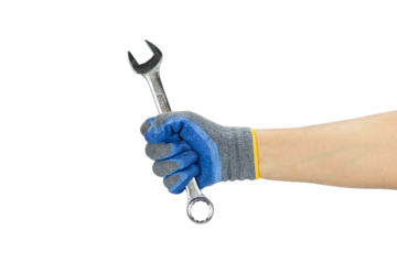 Close-up of a skilled worker's hand in a durable blue glove holding a wrench, perfectly isolated on white with a clipping path, perfect for tool advertisements and DIY content.