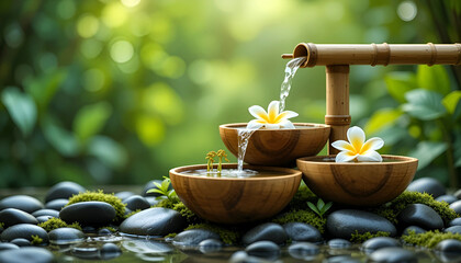 Bamboo water fountain with plumeria flowers and mossy stones in a tranquil garden