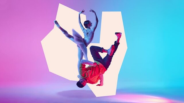 Ballerina and breakdancer, young girl and boy preforming classical and contemporary dance in neon light. Stop motion, animation. Concept of classical and modern dance, performance, hobby, talent show