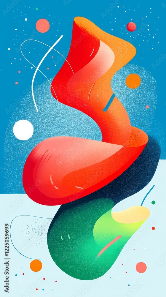 Poster abstract composition with vibrant colors and smooth curves in a playful design on a blue background