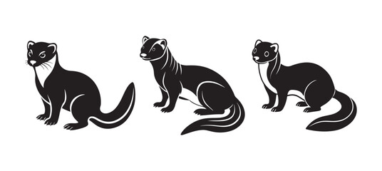 set of ferret silhouette, black and white silhouette, vector and illustration