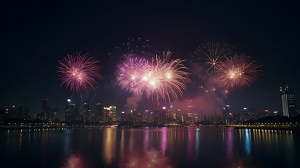 Stunning Fireworks Display over City Skyline at Night Vibrant Pink and Purple Explosions dark event 