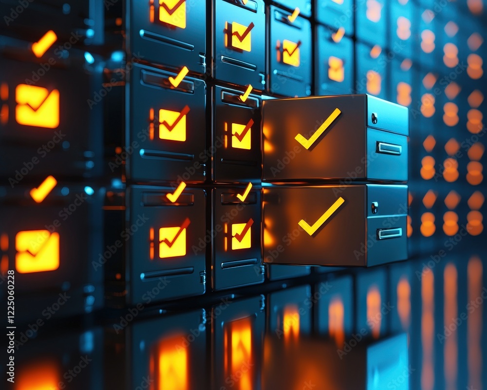 Poster abstract glowing file folders with checkmarks representing organization
