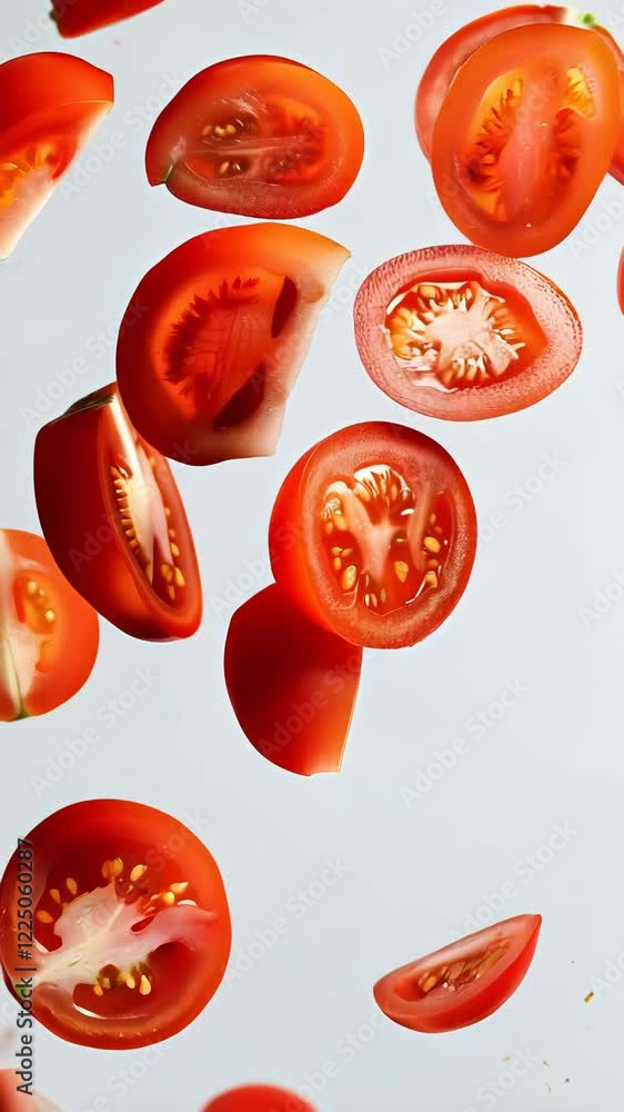 Aufkleber Many tomato slices of different sizes are levitating, creating a dynamic and colorful composition against a light grey background, perfect for food related projects