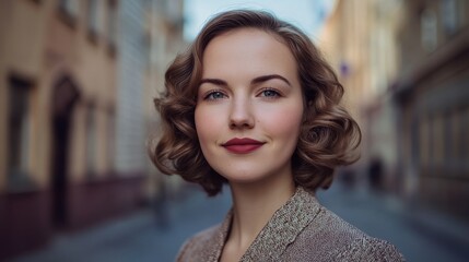 Obraz premium Vintage Portrait of a Czech Woman with Soft Waves in Urban Setting