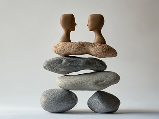 Two figure heads on a tower of balanced stones against a light gray background
