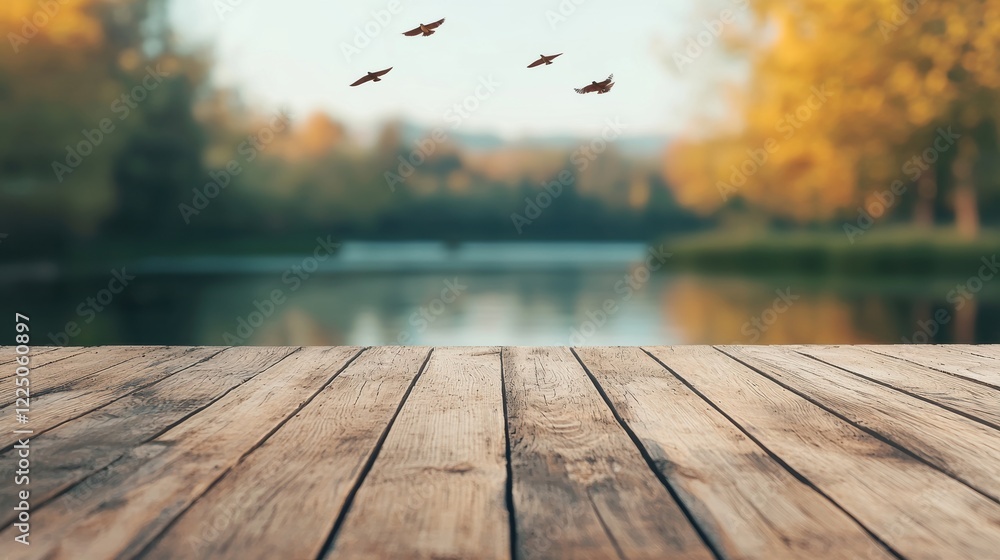 Aufkleber empty wooden table overlooking tranquil lake with birds flying in background