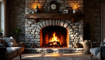A traditional stone fireplace built into a rustic living room wall. The stones are carefully stacked, each showing subtle weathering and texture. A roaring fire inside casts a warm, golden g