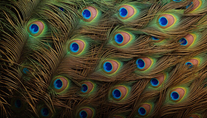 Obraz premium Many iridescent peacock feathers create beautiful overlapping patterns.