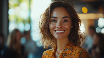 In a lively business setting, a confident businesswoman radiates positivity as she engages with her colleagues, fostering connections amid bright lighting and an energetic atmosphere