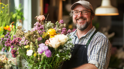 A male florist holds a collected bouquet of flowers in a flower shop.