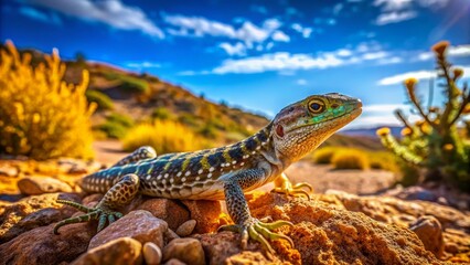 Fototapeta premium Wild Sand Lizard in Desert Habitat: Reptile Sunbathing on Rocks