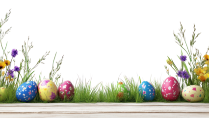 PNG Colorful Easter eggs on a wooden table colorful flowers easter.