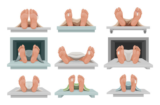 Died human legs with tag cadaver body at morgue set isometric vector illustration